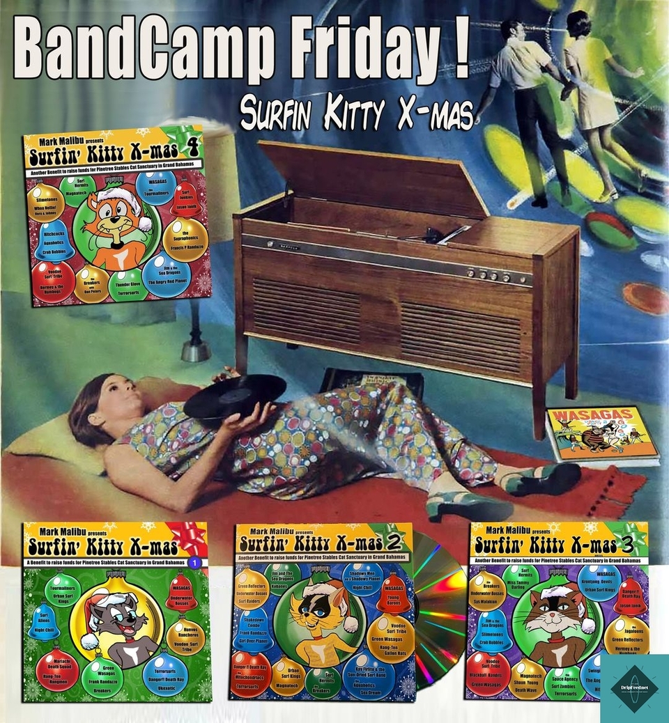 Today is Bandcamp Friday, a day in which our favourite platform waives their share of revenue and it all goes directly to the artist and label.BUT when you buy Surfin' Kitty Xmas 1,2,3 and 4, every  cent from the sale will go to the Pinetree Stables/Cat Sanctuary in Grand Bahamas which fixes and feeds all the abandoned cats on the island.  The CDs are $10 but you can pay more if you want. BUY NOW: https://markmalibuthewasagas.bandcamp.com/album/mark-malibu-presents-surfin-kitty-x-mas-4Like every year, there are songs (mostly instrumental) donated from AWESOME BANDS from around the world… The Tourmaliners, The Surf Hermits, Supraphonics (Geoffrey Curran), Whoa Nellie Vera & Johnny!, Magnatech , Jason Janik , Voodoo Surf Tribe, Jim And The Sea Dragons, The Angry Red Planet, The Slimetones, CRAB BUBBLES BAND, Hermey & the Humbugs (Grant Cermak) , The Breakers, with Dan Peters , Francis P Randazzo, The Surf Junkies, The Terrorsurfs, The Aquaholics, Hitchcocks, Thunder Glove and those loveable Wasagas.Start the Holiday season off right by thinking of our furry friends !#markmalibuandthewasagas #surfinkittyxmas #sharawajirecords #surfmusic #hallmarkguitars #xmas #christmas #holiday  #surfguitar #surfguitar101 #dripfeed #surfrock #surfpunk #spaghettiwestern #eleki #surf #instro #reverb #twang